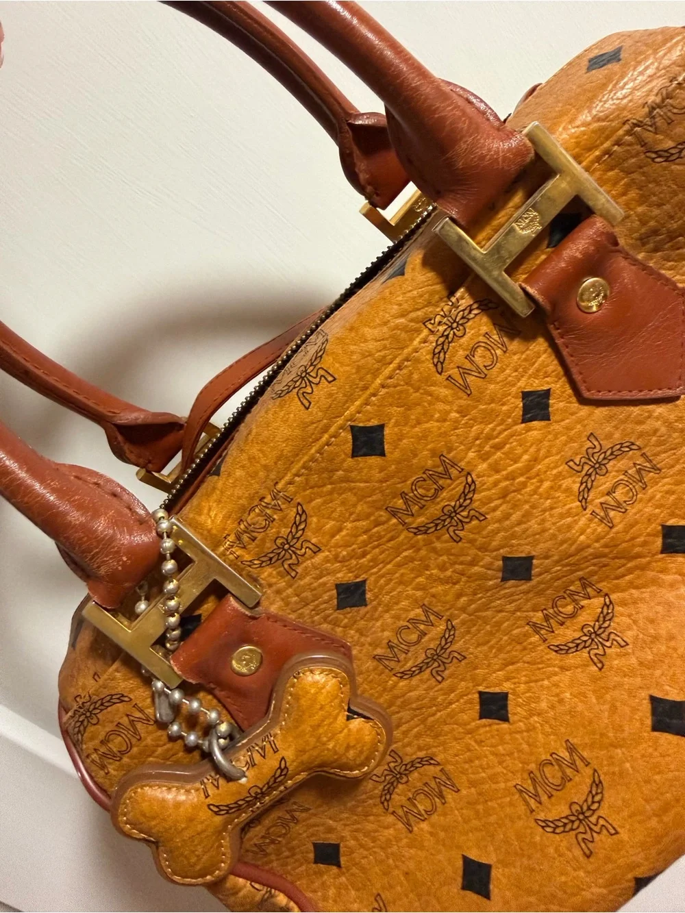 MCM Cognac Visetos Satchel with Gold Hardware